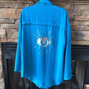 Teal peacock blue oversized evil eye gold sequin blouse tunic coverup XL